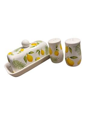 Lemon Pattern Ceramic Butter Dish with Salt & Pepper Shakers